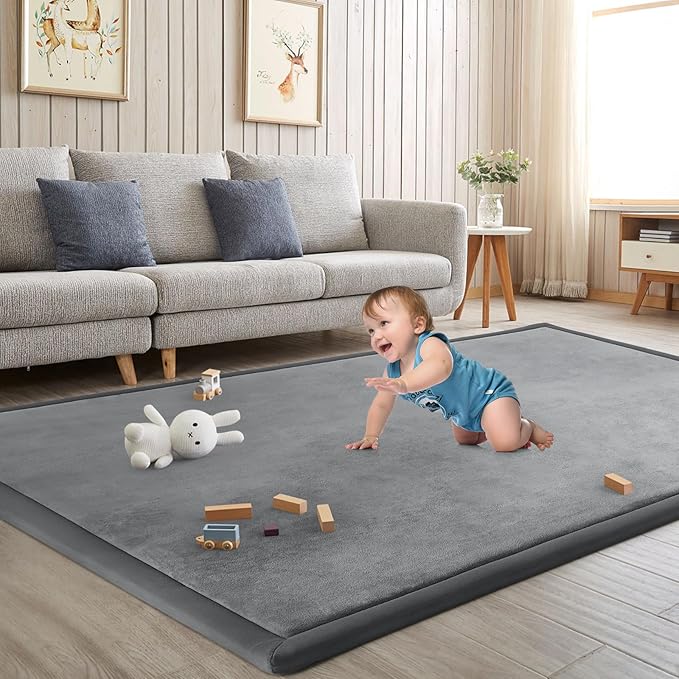 Baby Play Mat for Floor Nursery Rug Muscle Mat Area Rug Playroom Rug 59"x71" Playpen Mat Elastic Foam 1.3" Thick Crawling Mat for Babies,Toddlers, Infants, Kids,Grey