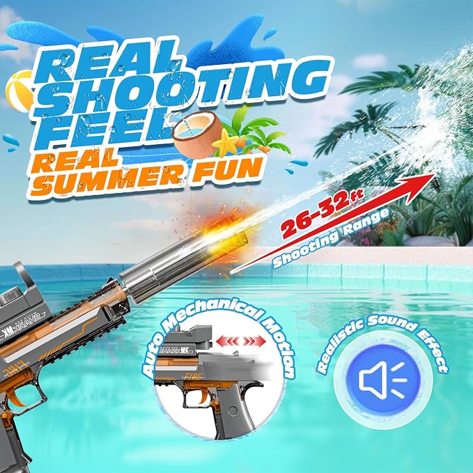 Electric Water Gun for Adults and Kids, Automatic Squirt Gun, Battery Powered Water Pistol with Light-Up Muzzle, 26-32 FT Long Range, Summer Outdoor Beach Pool Party Toy Gift
