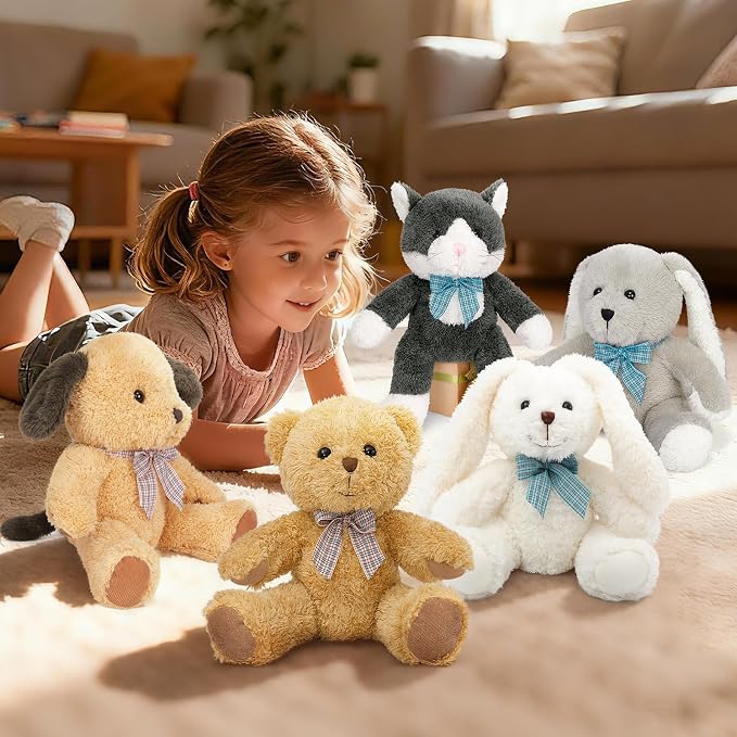 MaoGoLan 5Pcs Plush Animal Set, 13 Inch Stuffed Animals Bulk with Teddy Bear, Floppy Bunnies, Puppy and Kitty, Soft Plushies Bundle for Kids Girls Teens, Birthday Christmas Party Favors Room Decor