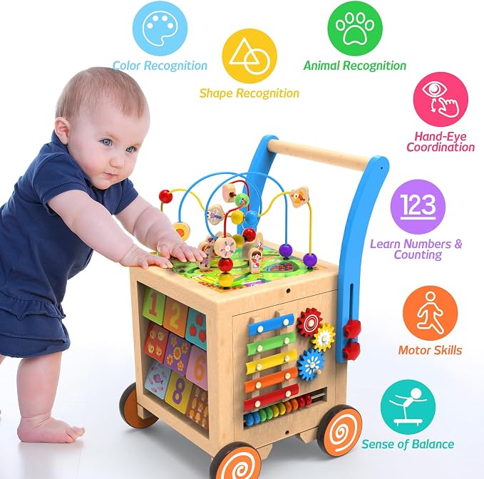9-in-1 Wooden Activity Cube Baby Walker for 1 Year Old | Sit-to-Stand Learning Walker & Montessori Activity Center for Toddlers | Height & Speed Adjustable Push Walker Toy for Boys & Girls