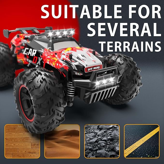 Carox Remote Control Car, 2.4GHz 26KM/H High Speed RC Car, 1:18 Off-Road Monster Truck with LED Lights, Proportional Throttle & 1800mAh Rechargeable Batteries – Ideal Gift for Boys 6+ (RED)