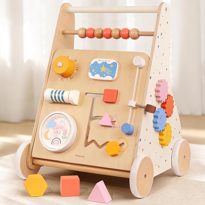 Pillowhale Wooden Baby Walker with Wheels Montessori Activity Push Walker Toy for Toddlers Adjustable Speed & Activity Center for Girls Boys 12M+