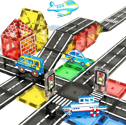 Magnetic Tiles Road Set, STEM Magnetic Building Blocks for Toddlers Kids Ages 3-5 4-8, Birthday for 3+ Year Old Boys Girls