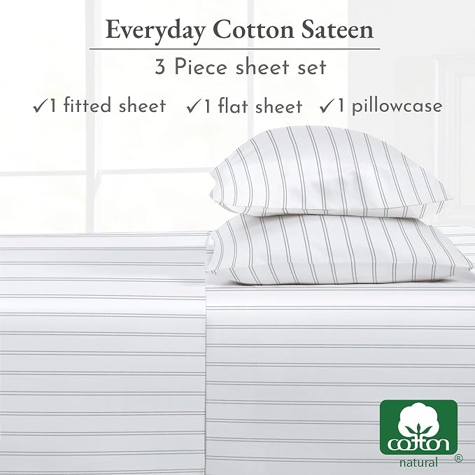 California Design Den Stripe Sheet Set Twin XL, 100% Cotton Twin XL Sheet Set, 12" Pocket Twin XL Size Sheets & Pillowcase Set, Soft Sateen Weave - Classic Stripe
