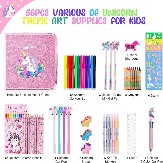 MAIGOZON Unicorn Art Supplies for Girls Ages 4-8 - 56 PCS Coloring Kit with Scented Markers, Gel Pens & Glitter Pencil Case, Kids Drawing Set Birthday Holiday Gifts for Girls 6 7 8