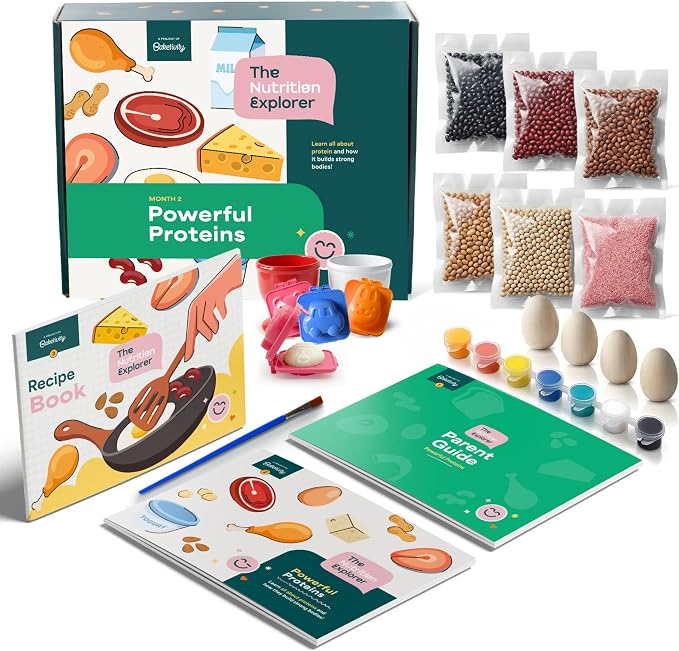 Baketivity Powerful Proteins Kids Nutrition Kit – STEM Science & Cooking Activity Kit with Recipes & Activity Book – Educational Food Learning Kit for Homeschool Activities, Birthday Gifts for Kids