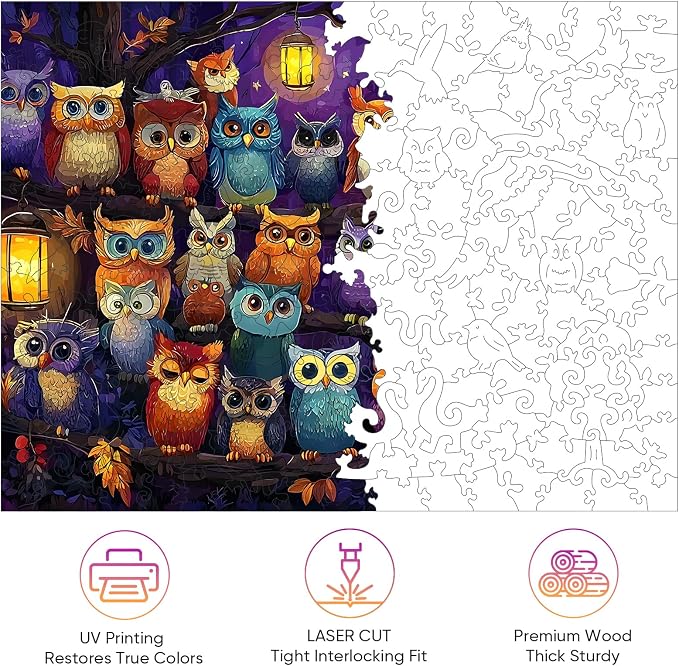 Mocfesk Wooden Puzzles for Adults, Owl Family Puzzles for Grandkids 200 Pieces, Unique Shaped Jigsaw Puzzles for Adults and Kids, Fun Family Game Home Decor 11.8'' x 8.9''