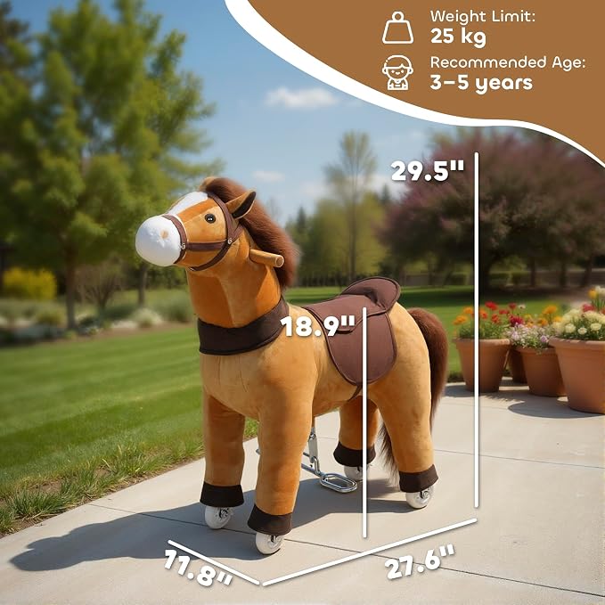 Qaba Ride on Horse for Kids 3-5 Years, 29.5 Inch Height Plush Riding Pony, Walking Horse Animal with Rolling Wheels for Active Play, No Batteries Required, Brown