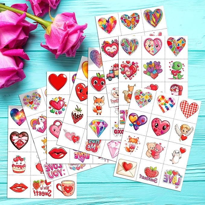 JCFIRE Valentines Day Stickers for Kids Temporary Tattoos, Heart Stickers for Valentines Day Gifts for Kids Classroom Exchange, Waterproof Decals for Party Favors, Goodie Bags, Crafts