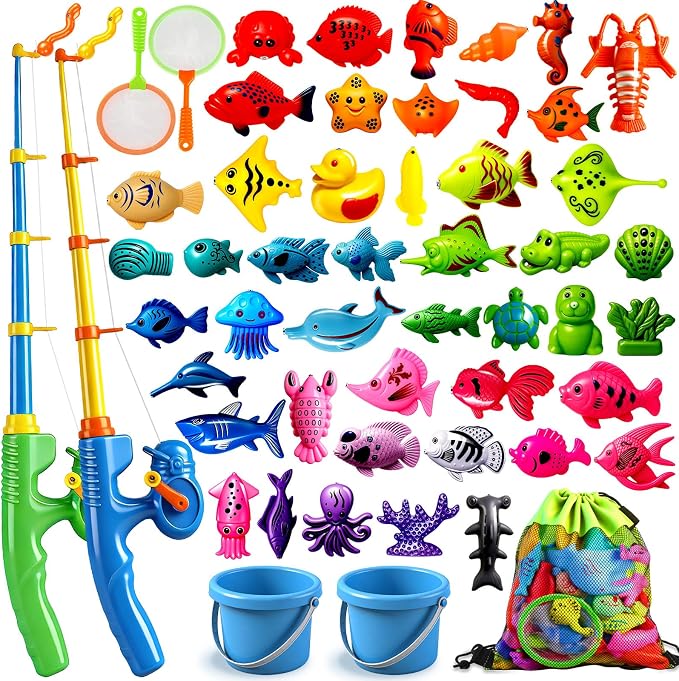 CozyBomB™ Magnetic Fishing Toys Game Set for Kids | Water Table Bathtub Kiddie Pool Party Pole Rod Net, Outdoor Plastic Floating Fish, Toddler Bath Color Ocean Sea Animals Birthday Gift Age 3-5 6 4-8