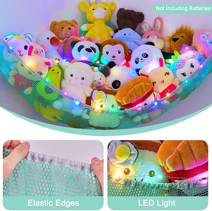 Unicorn Castle Stuffed Animals Net or Hammock Kids Toy Storage Organizer with LED Light Hanging Corner Stuffed Animals Holder Kids Girls Room Decor,Green,Large (Pack of 1)
