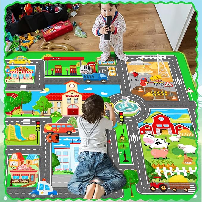 Kids Car Playmat, Kids Rug for Playroom Car Mat Town City Road Traffic Rugs, Play Mat for Floor, Extra Large Boys Kid Car Track Play Rug (Style SIX, 110.2 X 78.7 INCH)