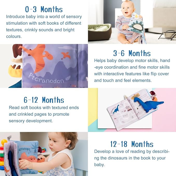 Richgv Baby Books Toys 0-6-12 Months, Baby Boy Gifts Touch and Feel Crinkle Books with Dino Doll, Newborn Infant Carseat Toys 6-9-12 Months Shower Gifts Easter Basket Stuffers