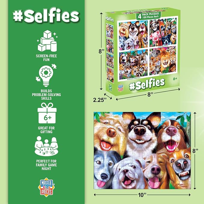 MasterPieces – Jigsaw Puzzle Set for Kids 6+ Years, 4-Pack of 100 Pieces, Educational and Fun Game, Silly Animals Collection, Gift Idea for Children, 8" x 10"
