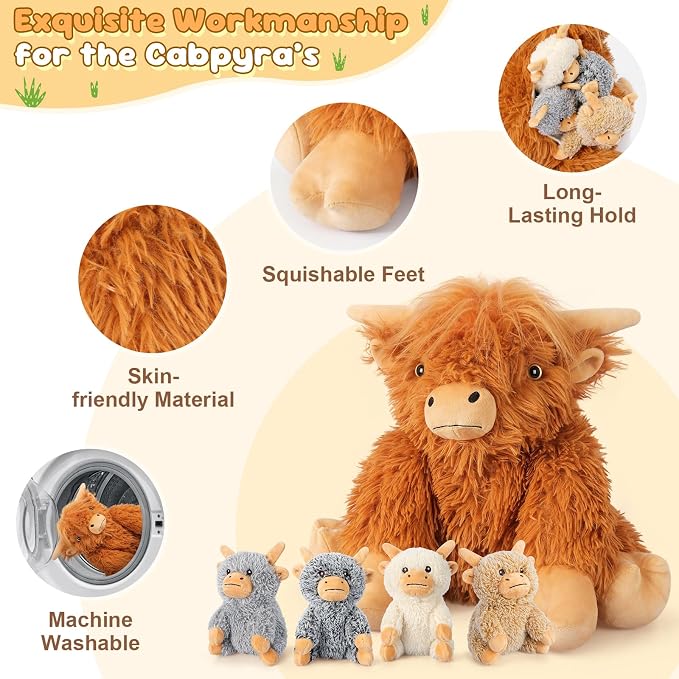 SuzziPals 5-in-1 Highland Cow Stuffed Animals with Babies Inside, 5PC Set Highland Cow Plush Mommy & 4 Babies, Soft Plushies Decor, Cute 3 to 8 Year Old Girl Gifts, Imaginative Play Toy (Cows)