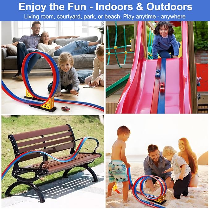 Flexible Race Car Track for Kids: 15 Ft DIY Bendable Ramp Set with Suction Cups for Wall & Window Play - Portable Roll-Up Toy Tracks, Compatible with 1:64 Diecast Cars, Gifts for Boys Girls Ages 3-8
