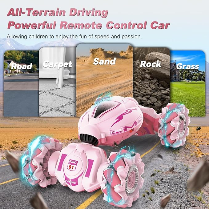 Fosgoit Pink RC Car Toys for Girls Aged 6-12, Gesture Sensing RC Stunt Cars with Lights Music for Girl Birthday Xmas Gifts, 2.4GHz 4WD Pink Remote Control Toy Double-Side Flip 360° All-Round Rotation