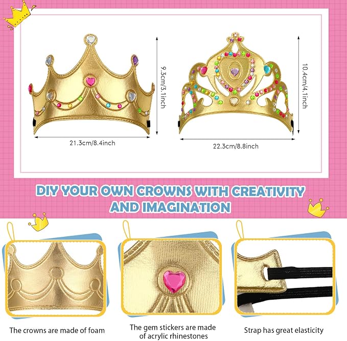 Yaomiao 22 pack DIY Crowns Set Include 12 Pcs Foam Princess Crowns and 10 Pcs Diamond Sticker for Kids