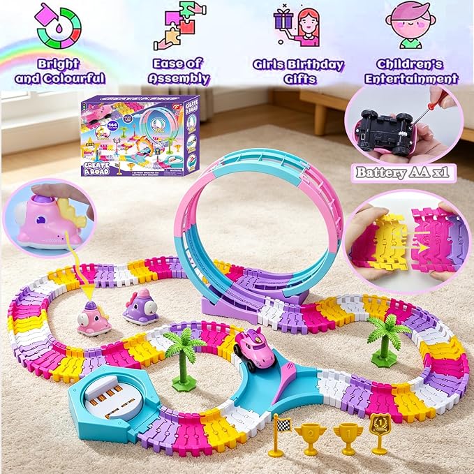 Unicorn Toys Car Race Tracks for Kids, 360° Flexible DIY Magic Racing Monster Tracks Toy with 3 Vehicle, Toddler Toys Birthday Gifts for 3 4 5 6 7 Year Old Girl