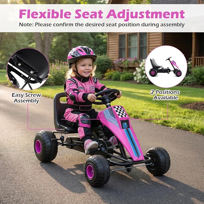 Costzon Pedal Go Kart, 4 Wheel Ride on Toy Pedal Car with Adjustable Seat, Handbrake, Free-Wheel & Pedal Modes, Outdoor Bicycle Go Cart with Wear-Resistant Wheels, Gift for Boys and Girls (Pink)