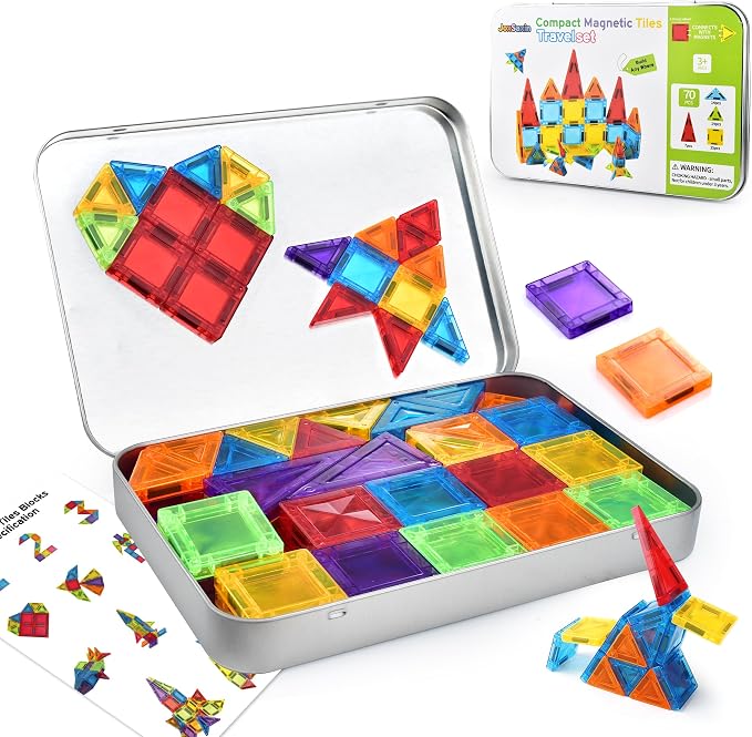 mini Magnetic Tiles,70pcs Travel Magnetic Tiles Set with Iron Box,Portable Magnetic Building Blocks for Kids Ages 3-8,STEM Montessori Educational Toys Gift for Boys & Girls