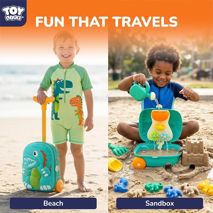 TOY Life Dinosaur Suitcase Travel Sand Toy for Kids Beach Toy with Luggage with Wheels, Water Gear STEM Play Water Table, Shovels, Can, Sand Molds, Sandbox Beach Summer Toys for Toddlers Ages 3-8