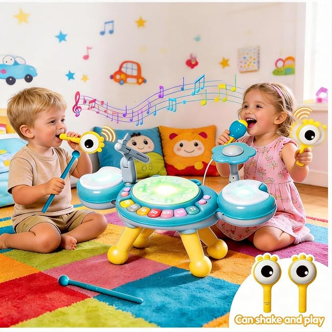 Kids Drum Set for Toddlers 1-3, Baby Drum Set Musical Toys with Light Up Microphone & 2 Sticks, Musical Instruments Montessori Learning Toys for 1 Year Old, Birthday Gift for Boys Girls