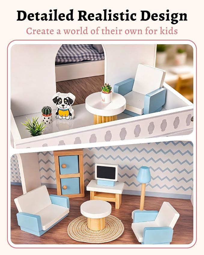 Pterying Wooden Dollhouse for Kids - Doll House with 6 Rooms & 29 Mini Furniture Pieces, Miniature House Kit, Easy Assembly, Pretend Play Toy for Boys & Girls Ages 3+, Fits 4-6 Inch Dolls