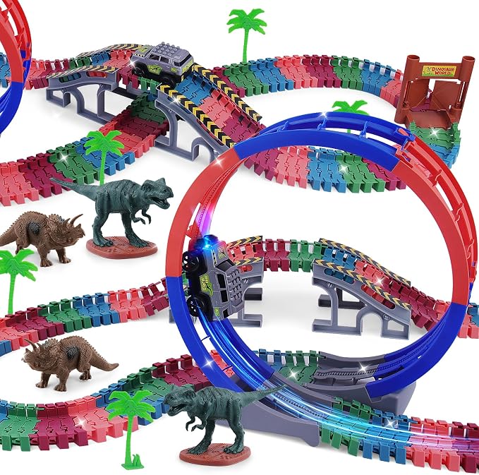 144 PCS Race Tracks Dinosaur Toys for Kids 3-5, Glow in The Dark Magic Toy Set, Flexible DIY Track Set, Birthday Gift for Age 3-9 Boys Toddler Girls,Create a Dinosaur Adventure World