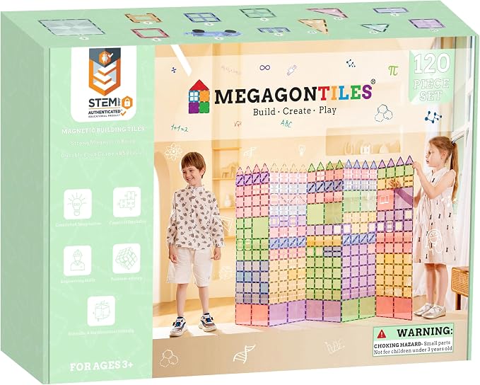 MEGAGONTILES 120PCS Premium Magnetic Tiles Set | STEM-Authenticated Magnetic Building Blocks | Educational Construction Toy for Kids Ages 3–8 (Boys & Girls)