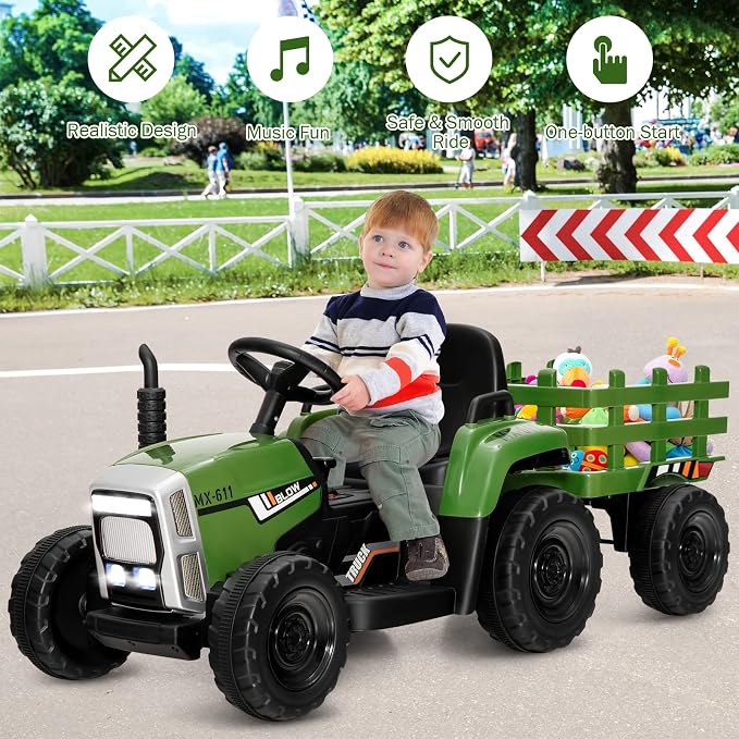 Costzon Ride on Tractor with Detachable Trailer, Kids' Electric Vehicles w/3-Gear-Shift Ground Loader, Wireless Design & USB, 7 LED Headlights, Remote Control Tractor Toy for Kids 3+ (12V, Dark Green)