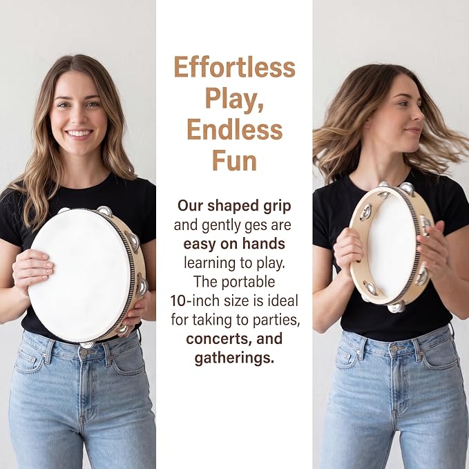 Tambourine for adults 10 inch Hand Held Drum Bell Birch Metal Jingles Percussion Gift Musical Educational Instrument for Church KTV Party (10 inch)
