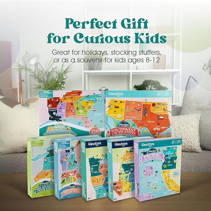 Geotoys USA Regional Jigsaw Puzzle Bundle - Set of 7 Jigsaw Puzzles for Kids Ages 8-12 - 250 Piece Puzzles for Kids Featuring New England, Midwest, Pacific & More – Regional US Map Puzzle with Flags