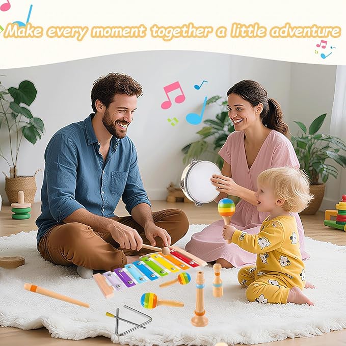 Toys for 1 2 Year Old Boys Girls Birthday Gifts, Wooden Musical Instruments for Toddlers 1-3, Educational Baby Drum Set with Xylophone & Maracas and More, Music Toys for Toddler Preschool