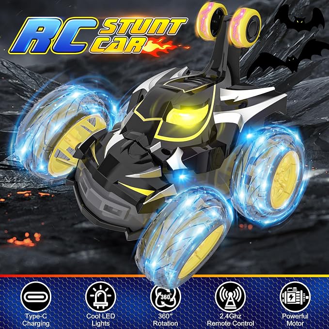 Mafbeanl Remote Control Car Stunt RC Cars 360° Rotating with 2.4GHz Rechargeable Wheel Lights Toys Car Gift for Boys 3 4 5 6 7 8 9 10 11 12 (Black)