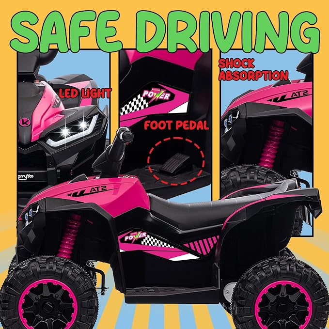 KerryYoo AT2 Kids ATV,12V 4 Wheeler for Kids 3-6,Electric Toddler Ride On Toys,Remote Control, High/Low Speeds, LED Lights, Bluetooth, and Off-Road Tires - Pink
