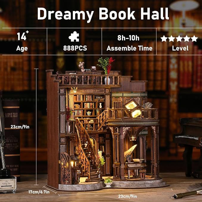 DIY Miniature House Kit,3D Wooden Puzzle Dollhouse Kit Retro Double-Decker Library Tiny House Model Kit to Build Bookend Decor,Gift for Adults Teens -Dreamy Book Hall
