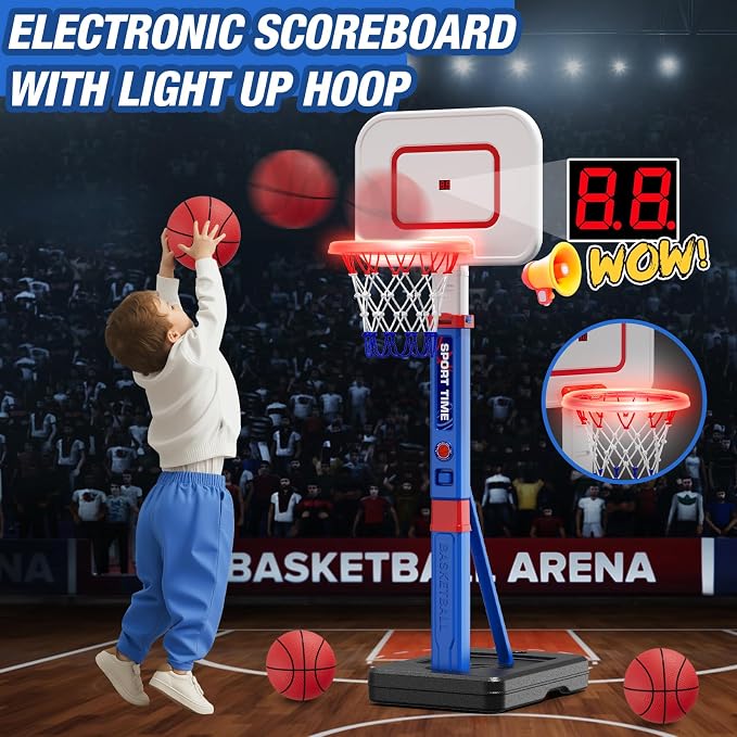 HYES Toddler Basketball Hoop with Scoreboard/LED Basketball Rim/4 Balls, 55" Height Adjustable Basketball Hoop for Kids 3-5, Indoor Outdoor Sport Toys Birthday Gifts for Baby Boys Girls