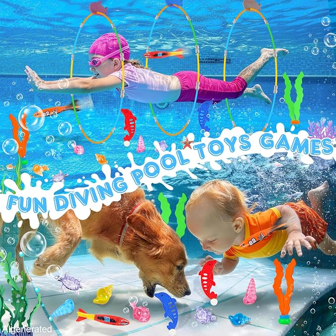EULRGAUS Pool Toys, 34PCS Swim Thru Rings Pool Games, Diving Toys with Diving Rings, Underwater Treasures, Diving Gems, Water Toys with Splash Balls, Water Frisbee, Swim Toys for Kids, Boys and Girls