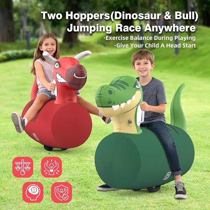 POVYRE Hoppers Kids Boys Outdoor Toys, 2 PCS Giant Inflatable Dinosaur Bull Toys Bouncy Hopper with Pump, Ride-on Jumping Animal for Indoor Outdoor Play, 220 lbs Capacity, Gift for Ages 5+