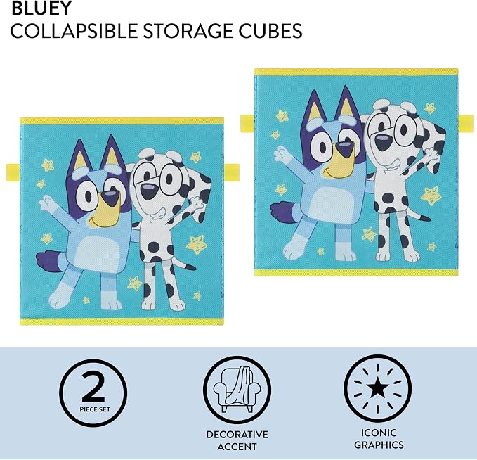 Bluey Set of 2 Collapsible Storage Cubes,10"x10"x10" Fabric Bins for Kids, Spacious Foldable Toy Organizer Boxes for Bedroom, Playroom, or Closet