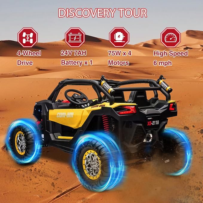 24V 2-Seater UTV Ride on Toy with Remote Control – Powerful 4WD Electric Vehicle Features 4 Shock Absorbers, Leather Seats, Music, and Lights. Designed As a 24V Ride-on Toy for Big Kids