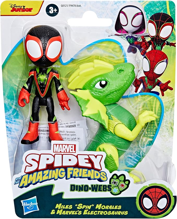 Spidey and his Amazing Friends Marvel Dino-Webs, Miles Spin Morales & Marvel's Electrosaurus Action Figures, Super Hero Toys for Kids Ages 3 and Up