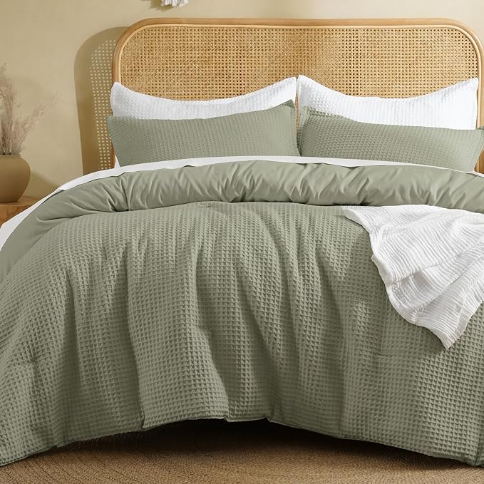 David's Home Waffle Weave Comforter Set 3PCS King Size, Soft Breathable Lightweight Cozy Skin-Friendly Warm for All Season, Elegant Aesthetic Home Decor Bedding Set with Pillow Shams, Dusty Sage