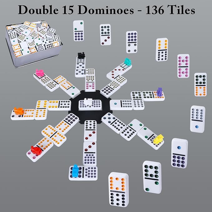 Mexican Train Dominoes Set Double 15, Dominoes Set for Adults and Family, Colored Dot - 136 Tiles in Tin Box, 9 Trains, Hub, 8PCS Wooden Trays