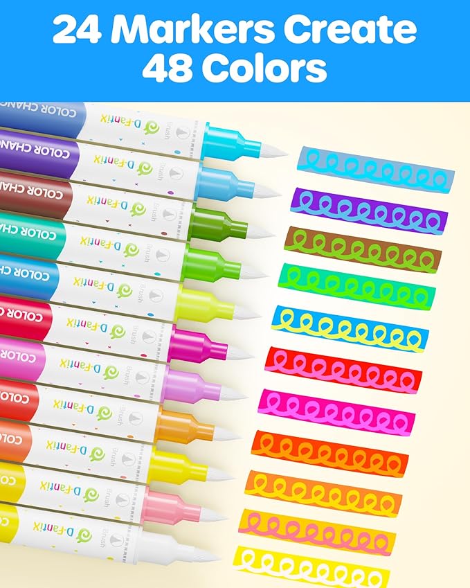 D-FantiX Color Changing Markers for Kids Adults, 24 Pack 48 Colors Dual Tip Magic Drawing Pens Art Supplies, Arts and Crafts Coloring Set, Car Airplane Travel Activities, Gifts for Boys Girls Teens