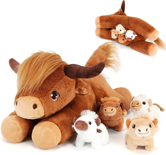 gnomantic Highland Cow Stuffed Animals with Babies, Mommy Toy for Kids | 5-Piece set: 1 mommy highland cow + 4 surprise babies inside. Unzip belly to reveal babies. Ultra-soft, safe for ages 3-8.