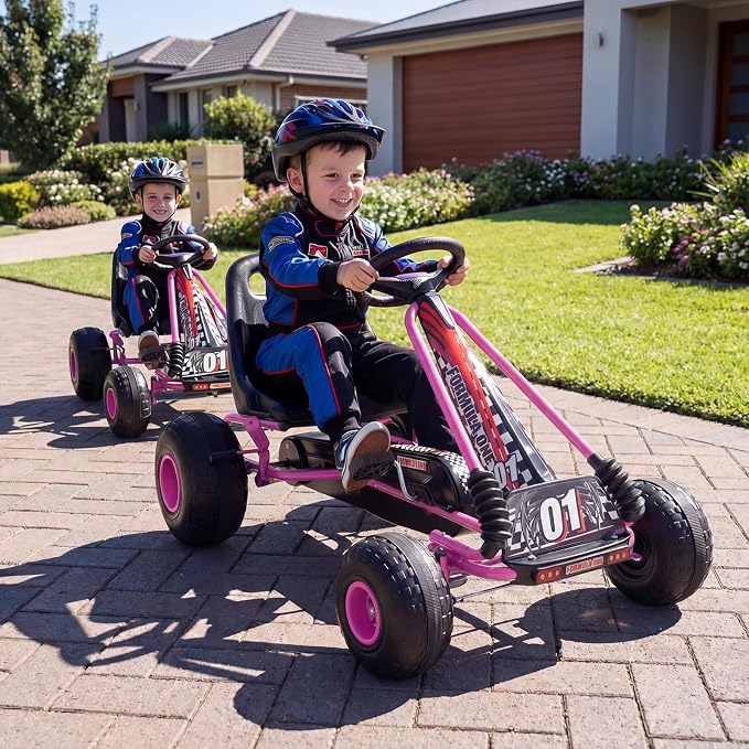 Costzon Pedal Go Kart, 4 Wheel Ride on Toy Pedal Car with Adjustable Seat, Forward/Backward & Handbrake, Outdoor Bicycle Go Cart with Wear-Resistant Wheels, Gift for Boys and Girls (Pink)