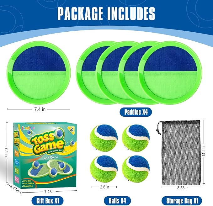 Toss and Catch Ball Set, Pool Beach Outdoor Toys Games for Kids Ages 4-8-12, 4 Paddles 4 Balls and Storage Bag, Summer Yard Outdoor Game for Adult Family, Birthday Easter Gift for Kids