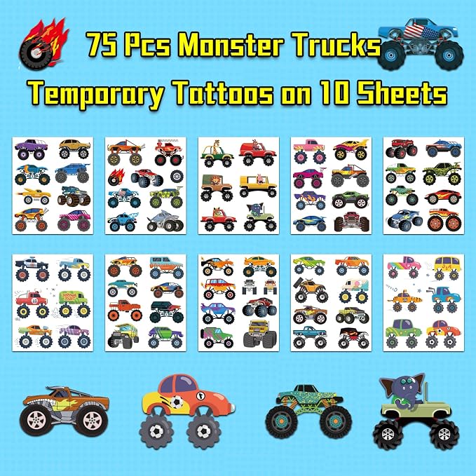 Ozepao Monster Trucks Temporary Tattoo for Kids, 10 Sheets Monster Truck Fake Tattoos for Boys Party Favors, Goodie Bags Stuffers, Brithday Supplies Decorations